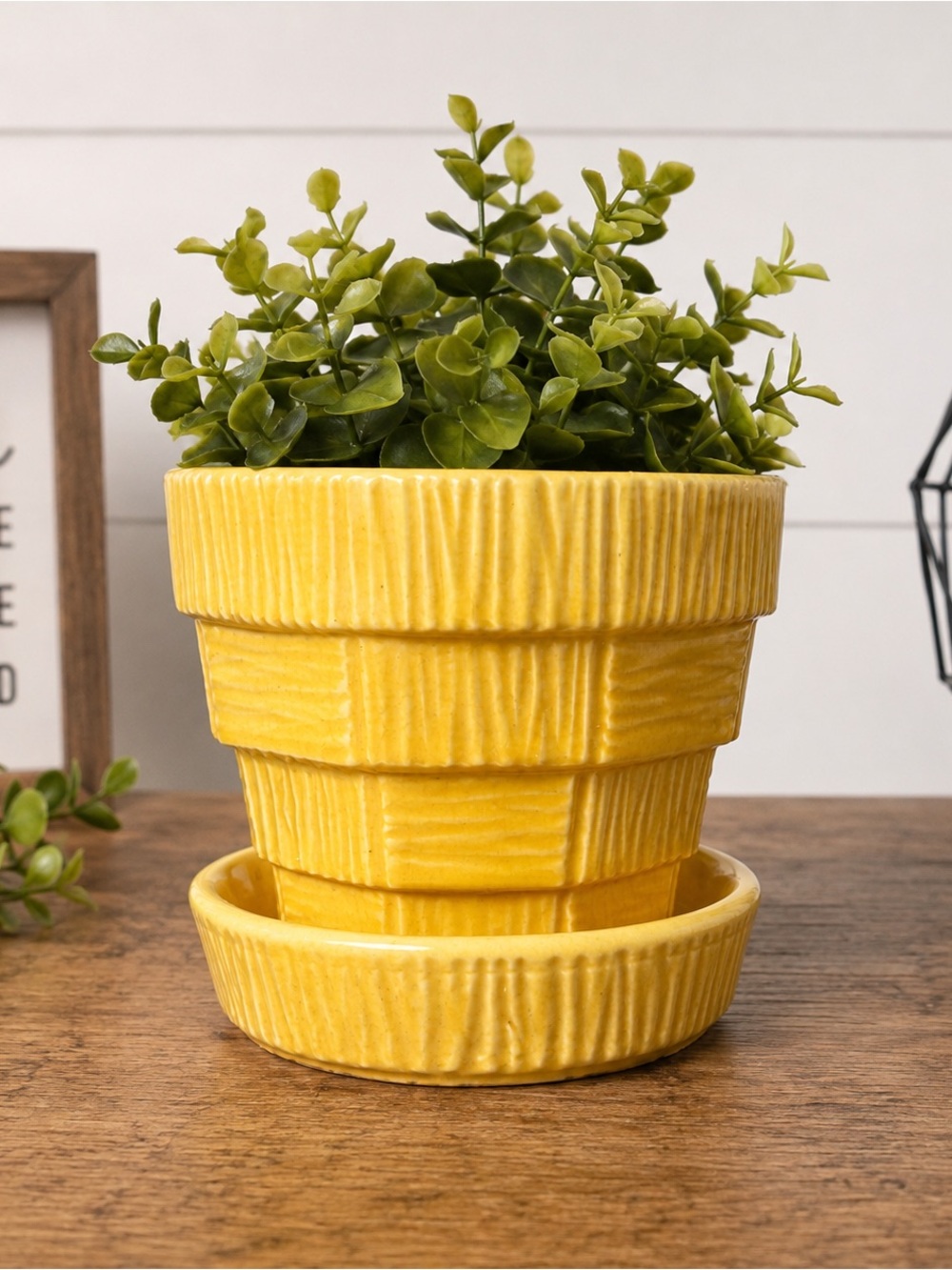 McCoy Yellow Basket Weave Ceramic Planter w/ Saucer